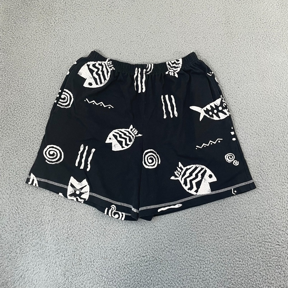 VTG Just Because Clothing Co Shorts Women M Black Fish Abstract High Waist